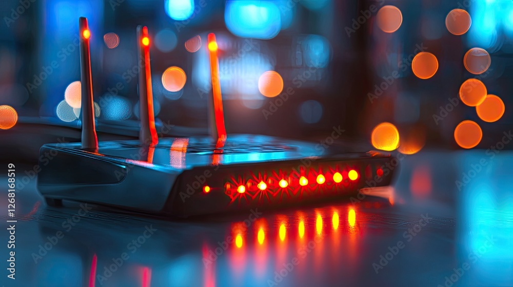 Aufkleber a Wi-Fi router displaying glowing signal indicators and antennas for wireless broadcasting.