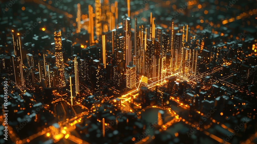 Fototapete High-resolution view of a smart city model showing interconnected structures illuminated by data lines.