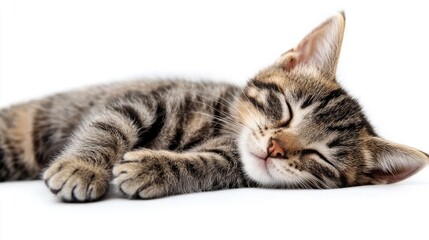 Obraz premium A Tabby Kitten Sleeping Peacefully on a White Background