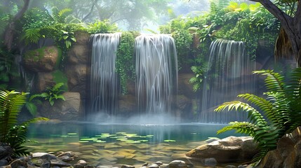 Serene Waterfall Cascading into a Tranquil Lake Surrounded by Lush Greenery. Concept of Nature's Beauty, Peaceful Escape, Tropical Paradise, and Refreshing Serenity