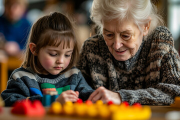 Obraz premium An elderly woman and a young girl playing with wooden blocks