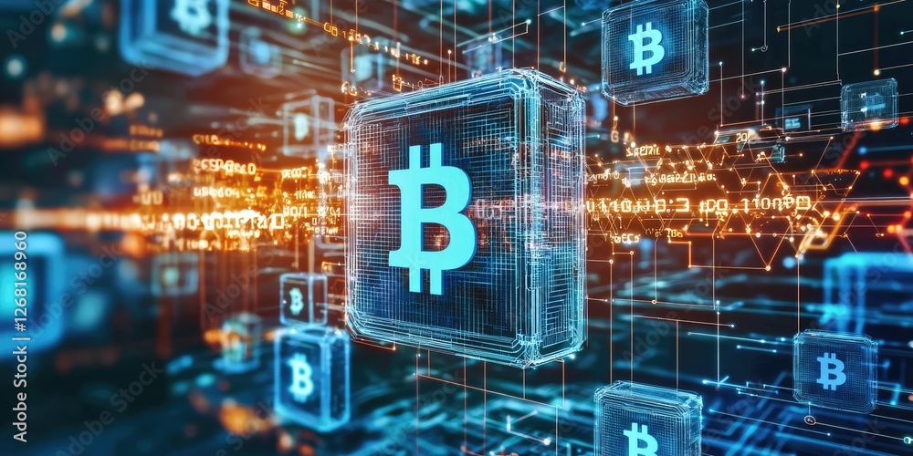 Poster Illustration detailing blockchain technology with interconnected blocks, symbolizing secure and transparent transactions.