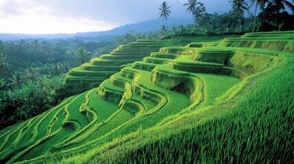 Lush Green Rice Terraces in Tropical Landscape
