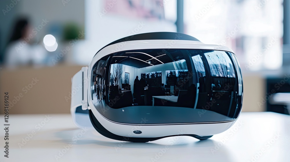 Poster virtual reality goggles in a classroom, focus on tech and curious expression, bright setting captures the immersive nature of educational technology