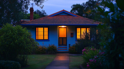 Vibrant painted bungalow contrasts midnight blue with bold accents, creating a striking contemporary home design