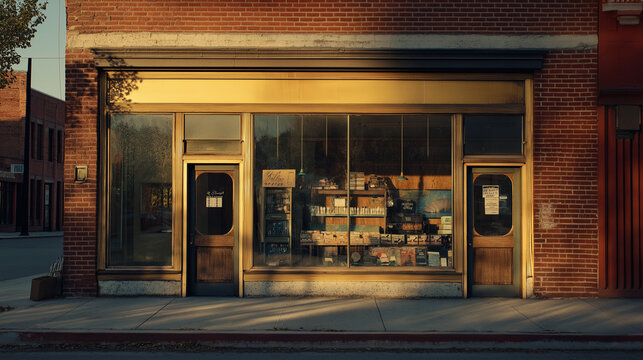 Vintage brick-and-mortar store with contrasting gold accents exudes nostalgic charm and rustic retail appeal