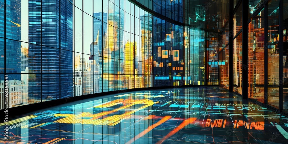 Poster business professionals use sophisticated banking graphics to assess financial performance and opport