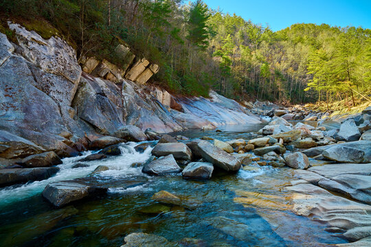 Rocky shore of Wilson Creek after Hurricane Helene in Pisgah National Forest, NC.