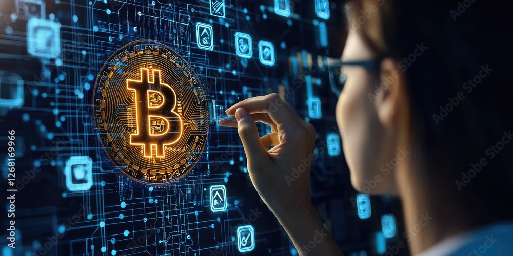 Fototapete Financial analyst reviewing blockchain transactions on a digital platform, demonstrating an innovative, secure fintech solution.