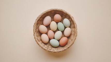 Pastel Colored Eggs Neatly Arranged in a Woven Basket. Concept of Easter Decor, Spring Tradition, Natural Tones in Home Decoration