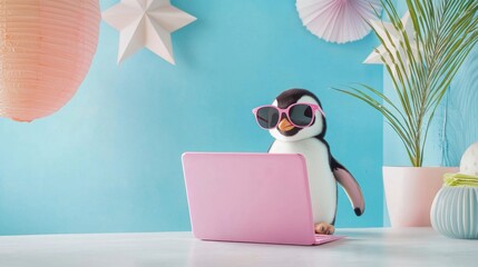 Cute Penguin with Pink Sunglasses and Laptop on Blue background