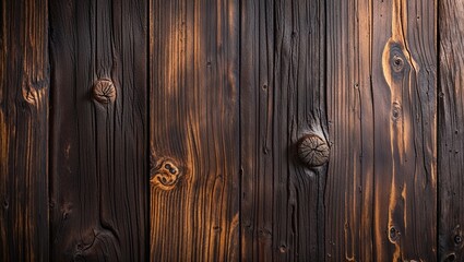 Fototapeta premium close-up view of the wood, emphasizing its texture and grain patterns. The wood appears aged, with a rich, dark brown color and visible knots and imperfections that add character.