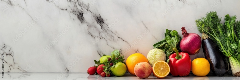 Poster fresh fruits and vegetables arranged neatly on a marble countertop in bright natural light during da