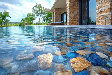 Clear Swimming Pool with Visible Stones and Modern Stone House Exterior in Daylight