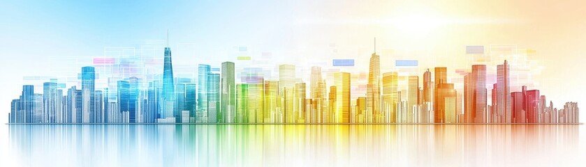 Obraz premium Futuristic Cybernetic City Skyline with Floating Holographic Displays and Vibrant Colors at Sunrise