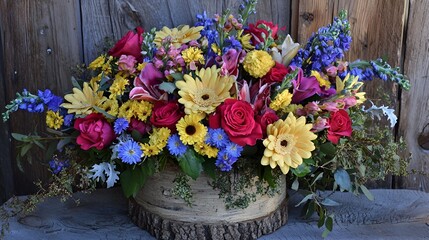 Colorful floral arrangement, rustic wood background, spring event
