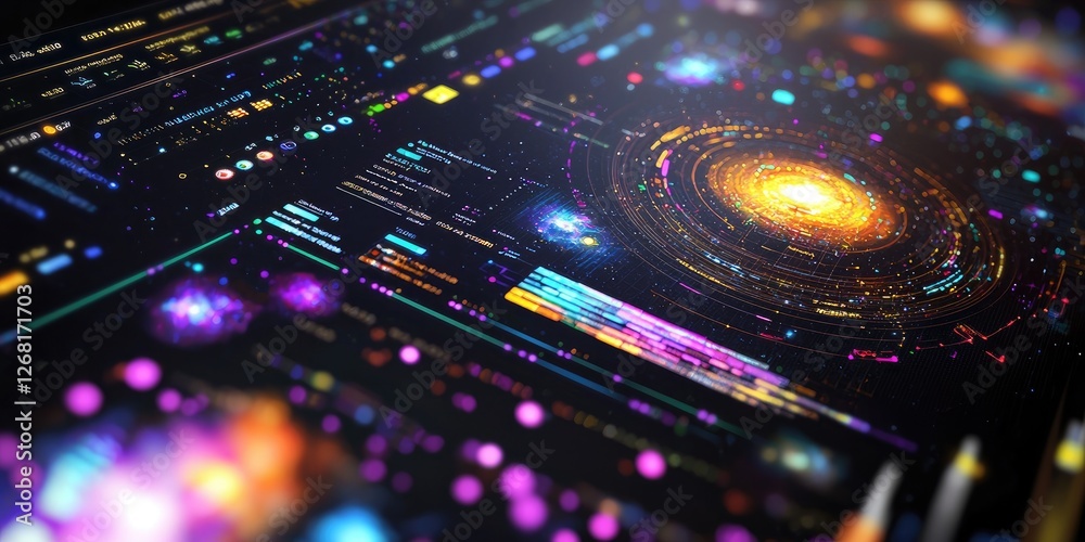 Aufkleber a futuristic astronomy software screen, with layered data visualizations, real-time galaxy explorati