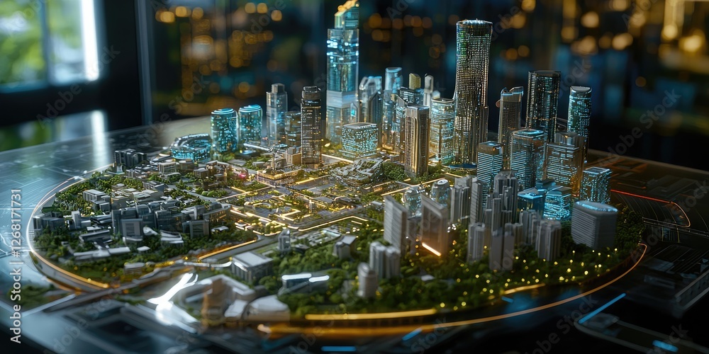 Poster A modern urban development interface, showcasing tech-driven controls, real-time city monitoring, and dynamic planning elements.