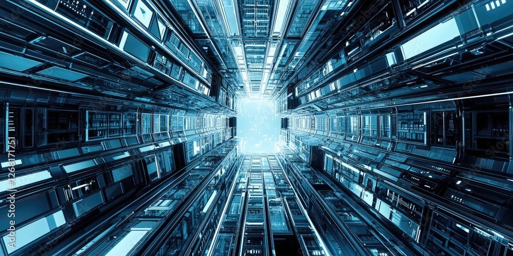 Poster a detailed view of a skyscraper in a futuristic city, showcasing robotic elements, advanced ai, and 