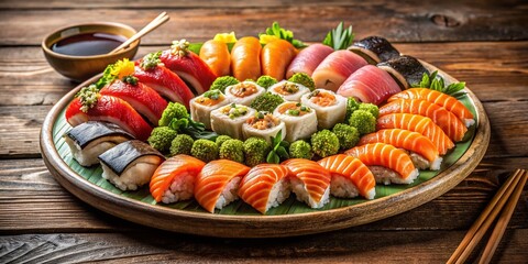 Delicious Sushi Platter: Salmon, Tuna, & More on Wooden Table