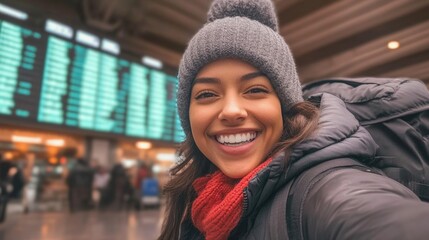 Smiling hispanic young female backpacker in warm clothing at bustling transportation hub