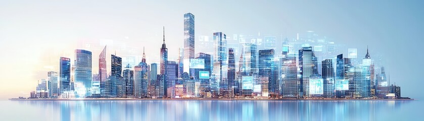 Naklejka premium Futuristic Cyberpunk Cityscape at Dusk with Towering Glass Buildings and Neon Lights