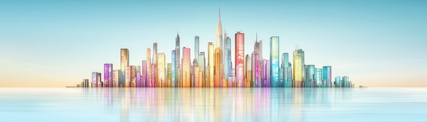 Obraz premium Futuristic Cyberpunk Cityscape at Dusk with Towering Glass Buildings and Vibrant Reflections Across the Water Surface