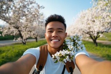 Young asian male enjoying springtime blossom in scenic park setting