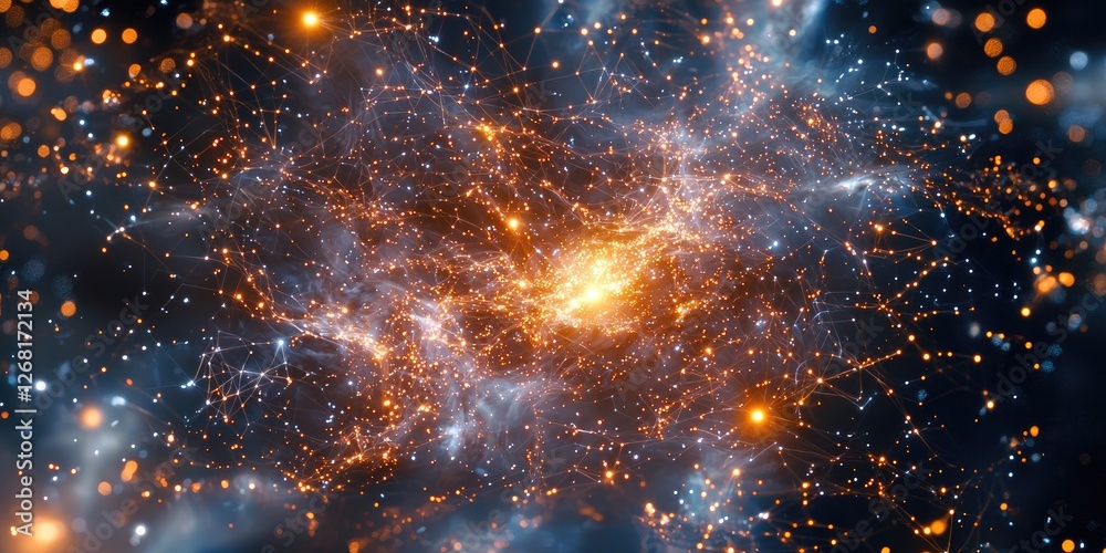 Poster A close-up of a galaxy s core, where glowing stars and dark matter are enclosed in a digital web of energy grids and holographic projections.