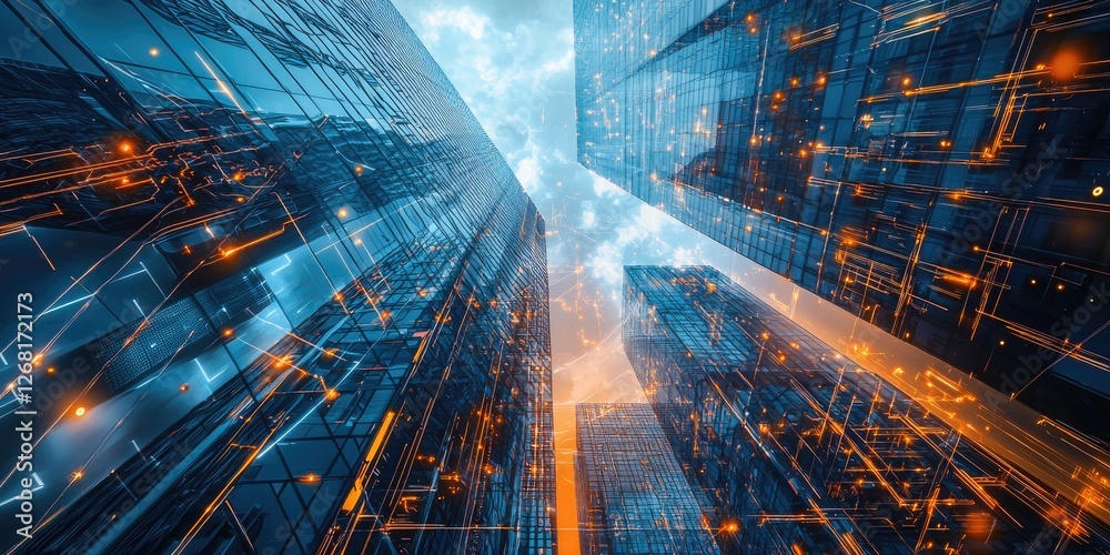 Poster a detailed view of a skyscraper in a futuristic city, showcasing robotic elements, advanced ai, and 
