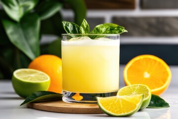 Fototapeta premium Refreshing citrus juice with lime and orange on wooden board