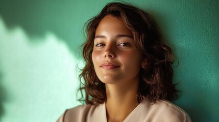 Young caucasian female smiling against a turquoise wall