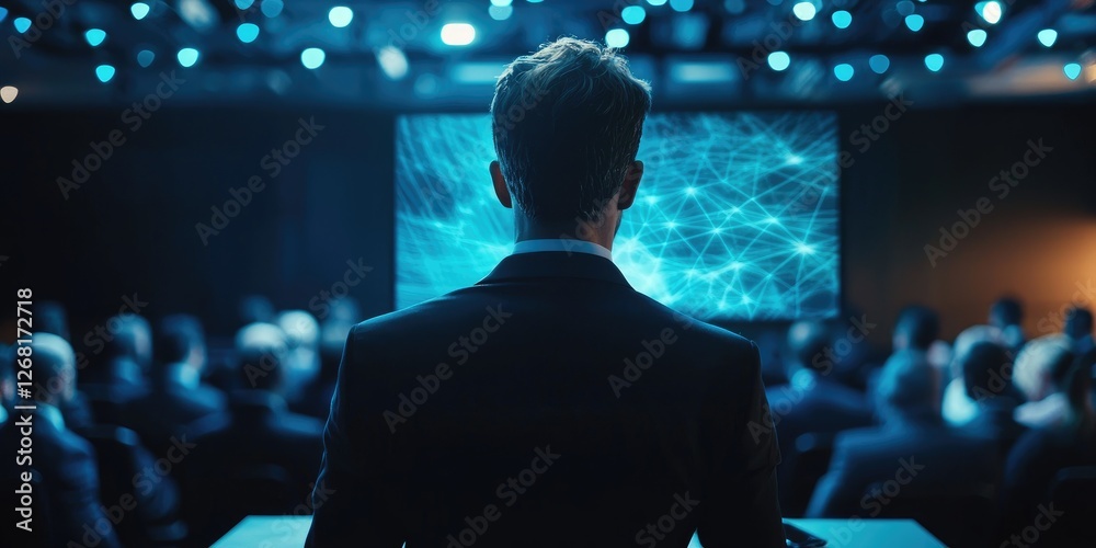 Poster business professional presenting on stage with digital network graphics, engaging audience at techno