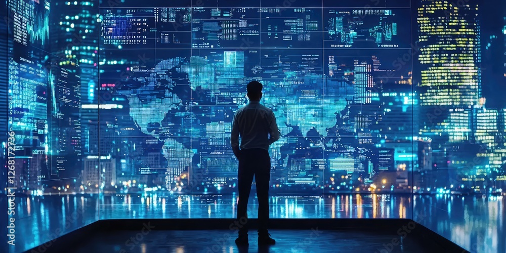 Aufkleber businessman in front of futuristic digital city skyline with global data visualization, analytics, t