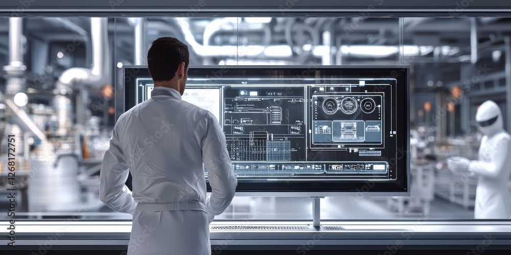 Poster Professional technician analyzing high-tech data on large digital screen in modern laboratory environment with advanced machinery in background