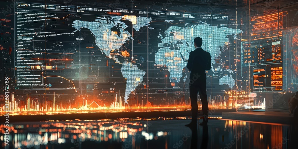 Poster Business Professional Analyzing Digital Dashboard with World Map and Data Visualizations in High-Tech Office Environment
