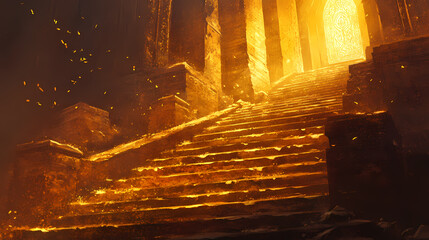 Ancient stone steps bathed in golden sunlight. golden age ruins. illustration. Gilded Ruins. Illustration