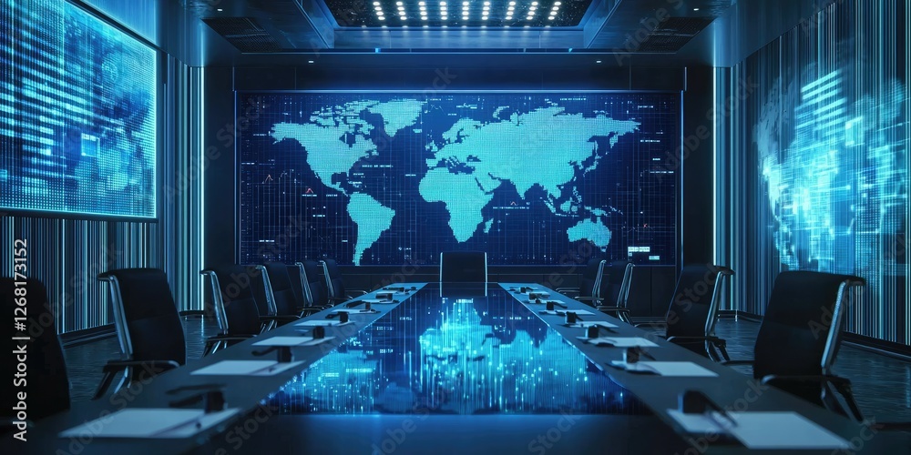 Poster modern conference room with digital world map and advanced technology displays for business meetings