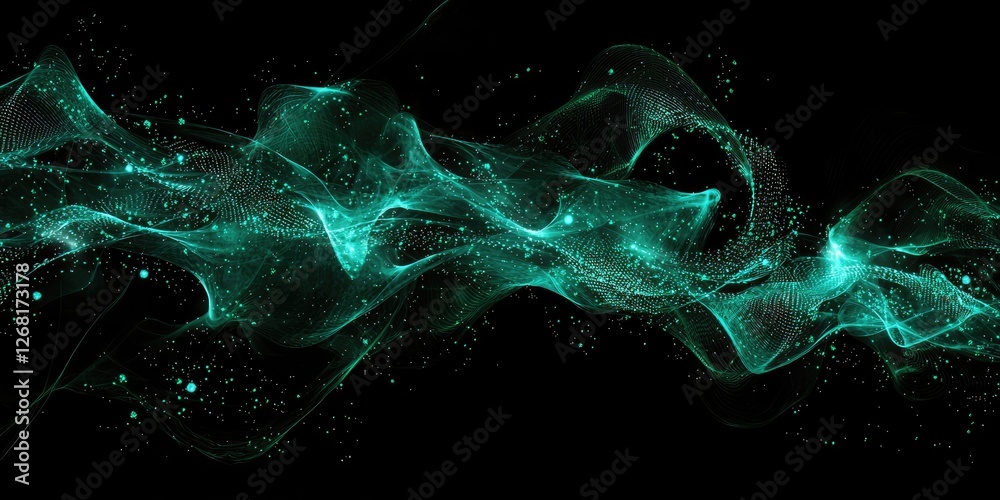 Poster abstract teal wave with luminous particles on a black background, showcasing fluid motion and digita
