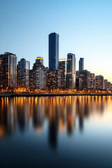 Obraz premium Stunning city skyline reflecting on water at dusk with glowing lights