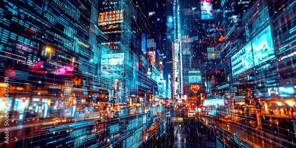 Poster futuristic cityscape with neon lights and digital elements creating a vibrant urban environment at n