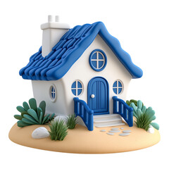 Small Beach House with Blue Roof and Door - Ideal for Real Estate Brochures and Vacation Destinations