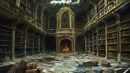 Fototapeta premium Decaying library, gilded shelves, a hearth, urban exploration. Gilded Ruins. Illustration