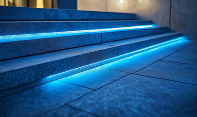 Obraz premium Granite stairs accented with LED fixtures in an office building create a sleek, architectural feature