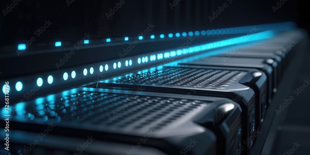 Poster Close-Up View of Modern Data Storage Devices with Blue LED Lights in a High-Tech Server Room Environment