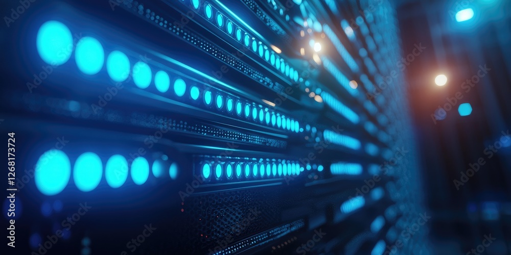 Poster futuristic technology background with blue led lights on server rack, depth perspective of digital d