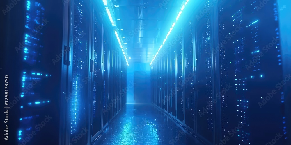 Aufkleber Modern Data Center Aisle with Illuminated Server Racks and Glowing Blue Lights Creating a Futuristic Technology Atmosphere