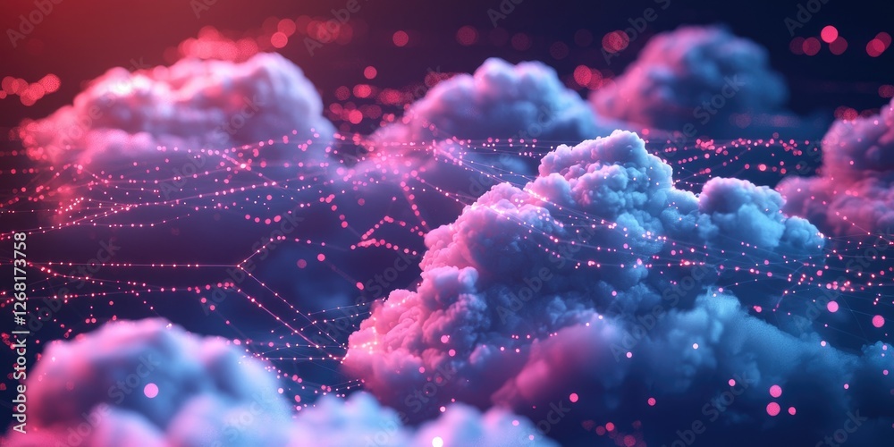 Leinwandbilder abstract representation of digital clouds with glowing connections over a colorful gradient backgrou