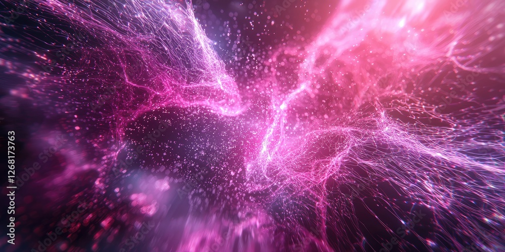 Poster abstract cosmic energy burst with vibrant pink hues and radiant light particles creating a dynamic a