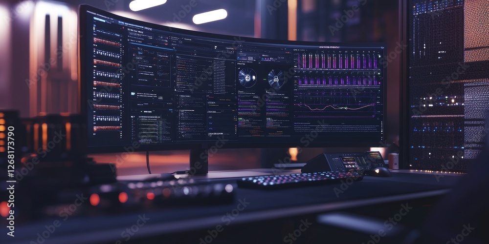 Fototapete Modern computer workstation with curved monitor displaying data analytics and vibrant graphs in a sleek technology environment